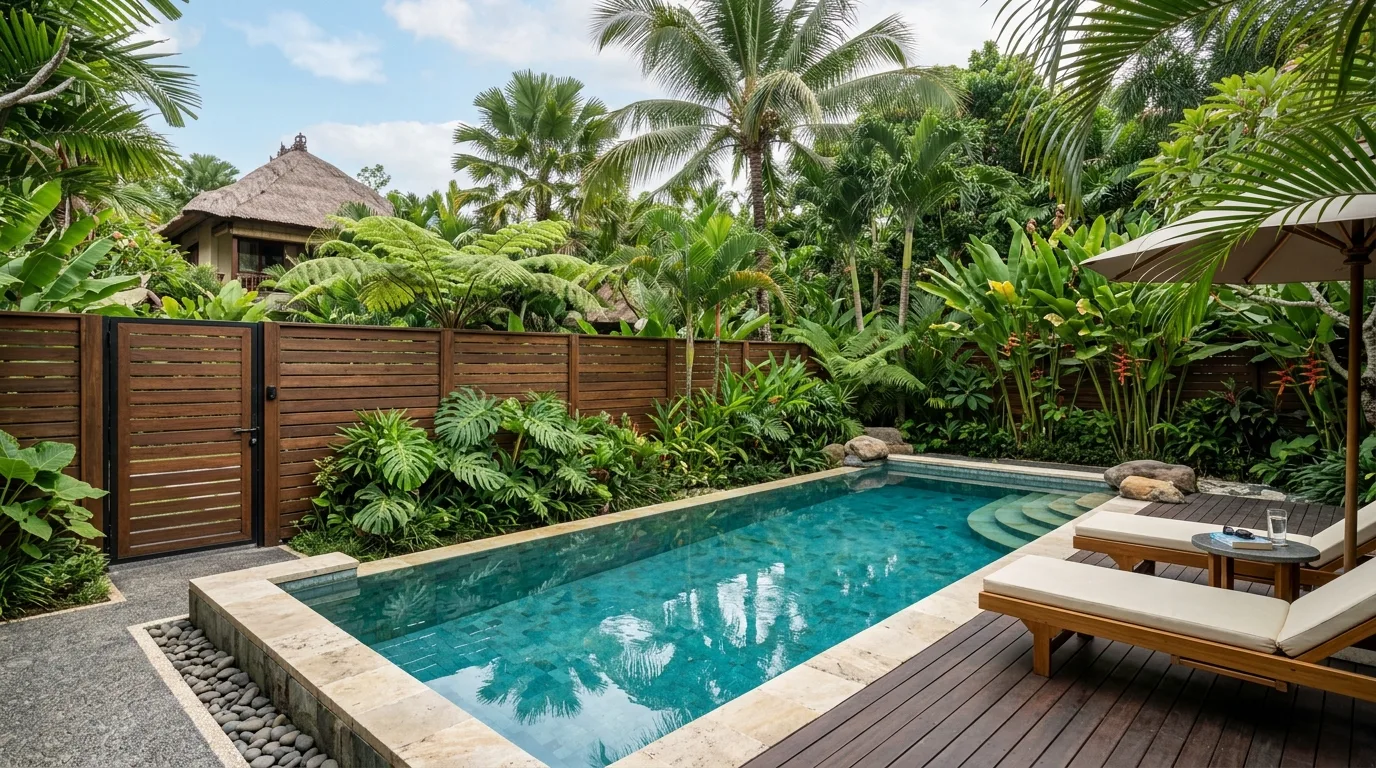 Pool With Wooden Slat Fence